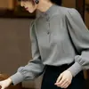 Camisa gris de cuello medio estilo francés para mujer, nueva moda primavera y otoño 2026, top holgado y favorecedor