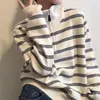 Nuevo suéter de punto a rayas con media cremallera para mujer, moderno, simple, bloques de color, cuello alto, manga larga, holgado, para commuting, top suéter