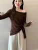 Algodão 100% de alta qualidade, 40 fios, 1x1Roupas femininas plus size 2026 novo estilo outono camiseta listrada de manga longa com cintura ajustável irregular