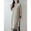 Novo Vestido de Malha Vintage Outono/Inverno Lã Pura Gola Redonda Meio Alta Manga Longa Jacquard Vazado Midi
