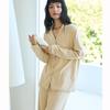 Casa Roupas Outono e Inverno Feminino Terno de Cor Sólida Solto Botão Lapela Manga Comprida Top Calças Casuais Pijama Macio Ceroso Exterior