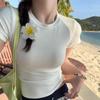 Playera Blanca de Canalé de Manga Corta para Mujer, Estilo Nuevo de Verano 2026, Versión Coreana, Corte Simple Ajustado, Hombro Regular, Top de Cuello Redondo