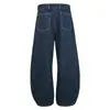 Jeans Vintage Lavado Azul Escuro com Design de Cimitarra para Homens e Mulheres, Calça Casual Banana Solta Reta Emagrecedora Comprimento Total Tendência