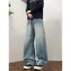 Calça jeans flare vintage lavada e desgastada estilo americano para homens, limpa e com bom caimento, preta, solta, de perna larga, perna reta, longa