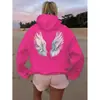 Sudadera de Felpa para Mujer de Comercio Exterior Transfronterizo con Capucha Alada, Bolsillo Canguro Estampado, Cordón de Ajuste y Sudadera con Capucha Estampada