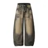 Pantalones Scimitar de Mezclilla Amarillos Deslavados Bloque de Color Tierra Teñidos a Mano para Hombre Pierna Ancha Holgados Nicho Vintage Lavados Largos Moda Urbana