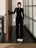 Otoño e Invierno Nuevo Estilo Chino Botón Diseño Top Pantalones de Pierna Ancha de Cintura Alta Traje Ropa Interior Femenina Moda Ajustada Conjunto de Dos Piezas