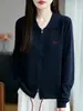Cardigan de Punto con Solapa de Lana Peinada Nuevo Otoño 2025 Manga Larga Cremallera Doble Bordado Cordón Superior Chaqueta