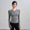 Novo Top de Yoga de Cor Sólida Versátil Slim-Fit Outono Estilo Puro Desejo Garota Apimentada Gola Redonda Botão Manga Longa Camiseta