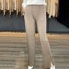 25 Pantalones Casuales de Punto Grueso de Lana Pura Cuatro Agujas con Abertura Lateral y Bolsillo con Solapa, Pantalones de Pierna Ancha de Color Puro Suelto