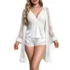 Conjunto de Vestido Camisola Sexy de Encaje Hueco Tallas Grandes Europeo y Americano, Bata Erótica de Lencería para Mujer
