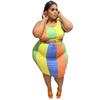 Venta al por mayor transfronteriza talla grande mujer gorda para mujer sin mangas estampado a color falda de un paso tendencia europea y americana temperamento vestido talla grande