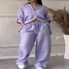Conjunto de Camisa de Algodão e Linho e Calça Wide Leg Cor Sólida Estilo Europeu e Americano 2025 Cruzamento de Fronteiras Amazon Site Independente Casual