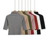 2388-24 Primavera Novo Estilo Europeu e Americano Temperamento Levemente Maduro Estilo Gola Semi-alta Pequena Dobra Gola Manga Média Camiseta