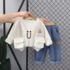 Fabricante al por mayor de traje de tres piezas de otoño para niños Chaqueta de trabajo para niños Chaqueta Camisa de manga larga versátil Pantalones