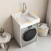 Armario compacto para lavandería de balcón con fregadero integrado, armario para lavadora de carga superior con tabla de lavar, mueble de baño