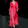 2027 Moda Femenina Otoño e Invierno de Comercio Exterior Nuevo Amazon Vestido Sexy y Elegante de Color Sólido con Cuello en V Profundo
