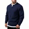 Suéter Masculino Gola Henley Tricô Grosso, Design Falso Duas Peças, Blusa de Tricô Manga Longa, Estilo Casual Europeu e Americano, Pulôver Engrossado para Homens
