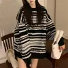 Suéter de punto a rayas retro estilo coreano, suelto, estilo perezoso, para mujer, otoño e invierno, nueva prenda exterior, suéter top de longitud media