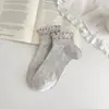 Meias Femininas para Primavera e Verão, Meias de Algodão Penteado com Renda, Leves e Respiráveis, Meias Femininas de Cano Médio com Borda Franzida, Meias Zhuji