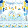 Paquete de Decoración de Cumpleaños Nuevo Patito Amarillo de Amazon Tema Vasos de Papel Desechables, Servilletas de Papel, Platos de Papel, Banderines y Banderas