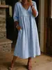 2026 Novo Vestido Cruzado Europeu e Americano Estação Independente Casual Solto Gola V Patchwork Renda Bordada Cor Sólida Manga Média