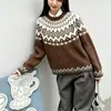 Suéter Fair Isle gola redonda solto plus size color block malha jacquard feminina nova outono e inverno transfronteiriça europeia e americana