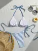 Novo Biquíni Listrado Azul e Branco com Amarração no Pescoço 2026 Europeu e Americano Sexy Triângulo Roupa de Banho de Duas Peças para Mulheres