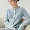 Decote cravejado de diamantes~Cardigã de caxemira estilo luxo leve para mulheres, gola redonda, suéter espesso, peça externa, top de tricô
