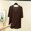 Nova Camiseta de Verão Modal Tamanho Grande Gola U Manga Curta para Mulheres, Casual Caimento Solto, Emagrecedora, Plus Size, Camiseta Básica Cor Sólida