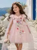 Vestido de Princesa Hada de las Flores para Niñas Vestido de Ala de Mariposa Espalda Descubierta con Aplicaciones para Niñas Falda de Malla para Niñas
