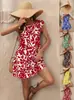 2026 Ropa de Mujer Transfronteriza Europea y Americana Verano Nuevo Vestido con Estampado de Volantes y Mangas Acampanadas de Cuello Redondo para Mujer
