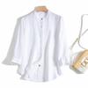 Camisa informal elegante y artística de estilo nacional y moderno, estilo vintage, con cuello vertical pequeño, bordado y tapeta oscura, de lino Chunchun, de siete mangas para mujer.