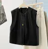 Jaqueta cardigan feminina sem mangas, gola redonda, de abotoar, corte solto, estilosa, couro PU com forro, versátil para o outono