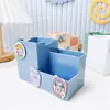 Soporte Multifuncional Móvil para Estudiante Soporte para Bolígrafos Parche de Dibujos Animados Color Puro Caja de Almacenamiento de Escritorio de Tres Compartimentos Soporte para Bolígrafos Simple de Oficina