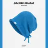 Chapéu de tricô estilo preguiçoso japonês cor pura folgado para mulheres com cordões para amarrar cobertura para a cabeça aba dobrada faz o rosto parecer menor gorro versátil moderno