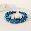 Diadema de seda con brillantes strass, antideslizante, diadema de corona alta para mujer, estampado de leopardo azul, accesorio para el cabello de seda de morera negra