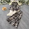 Conjunto de dos piezas para mujer, estilo otoño: camisa retro estampada de cuello en V y manga abullonada, holgada, casual, madura, y pantalones de pierna ancha