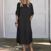 Nuevo Vestido de Verano 2024 de Viento Holgado Casual de Color Sólido de Manga Corta de Algodón y Lino