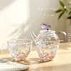 Xícara de chá de vidro resistente ao calor com padrão floral, jarra para chá gelado com infusão de flores, bule, conjunto de chá Kung Fu, tigela com tampa, xícara de justiça, xícara de chá verde