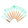 Conjunto de utensílios de cozinha de silicone de 11 peças com cabo de madeira, espátula de silicone criativa, espátula de silicone, utensílios de cozinha