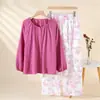 Pijama Liso Colorido Versão AB para Mulheres Algodão Puro Gola Redonda Manga Longa Conjunto de Calça Longa para Mulheres Roupa de Casa Usável para Primavera Outono Verão