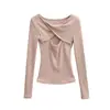Camiseta de Tricô Manga Longa Cruzada Estilo Desejo Puro para Mulheres, Nova Moda Primavera, Camisa Base Lisa Elegante de Corte Justo, Top Tendência