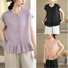 Foto Real da Nova Blusa Simples de Verão 2025 com Mangas Curtas Volumosas e Barra Franzida para Mulheres