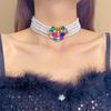 Corea del Sur Vintage Perla Diamante Borla Cadena de Cuello Celebridad Cibernética Sentido del Diseño Elegante Flor Lazo Cadena Clavicular Collar para Mujer