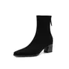 Botas finas estilosas e minimalistas estilo britânico de 5,5 cm, nova coleção outono/inverno 2026, bico quadrado, salto grosso, zíper traseiro, botinhas para mulheres