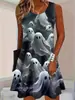 Vestido sin mangas con estampado de rosas y murciélagos de Halloween, estilo tinta oscura, minivestido tipo tank top de corte A holgado con cuello redondo