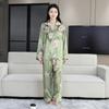 Pijama de Seda de Gelo 2025 para Mulheres, Manga Comprida e Calça Comprida para Primavera e Outono, Roupa de Dormir Casual Vestível com Estampa de Flor de Peônia e Sensação de Alta Qualidade