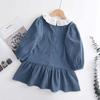 Vestido Branco de Veludo Cotelê com Lapela e Manga Comprida Outono e Inverno Novo Vestido de Bebê Menina Fresca Cinto com Laço Saia