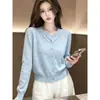 Cárdigan de Punto Azul Redondo Suave y Sencillo para Mujer, Manga Larga, Abotonado, Chaqueta de Punto Versátil, Suéter con Atmósfera Estilo Coreano